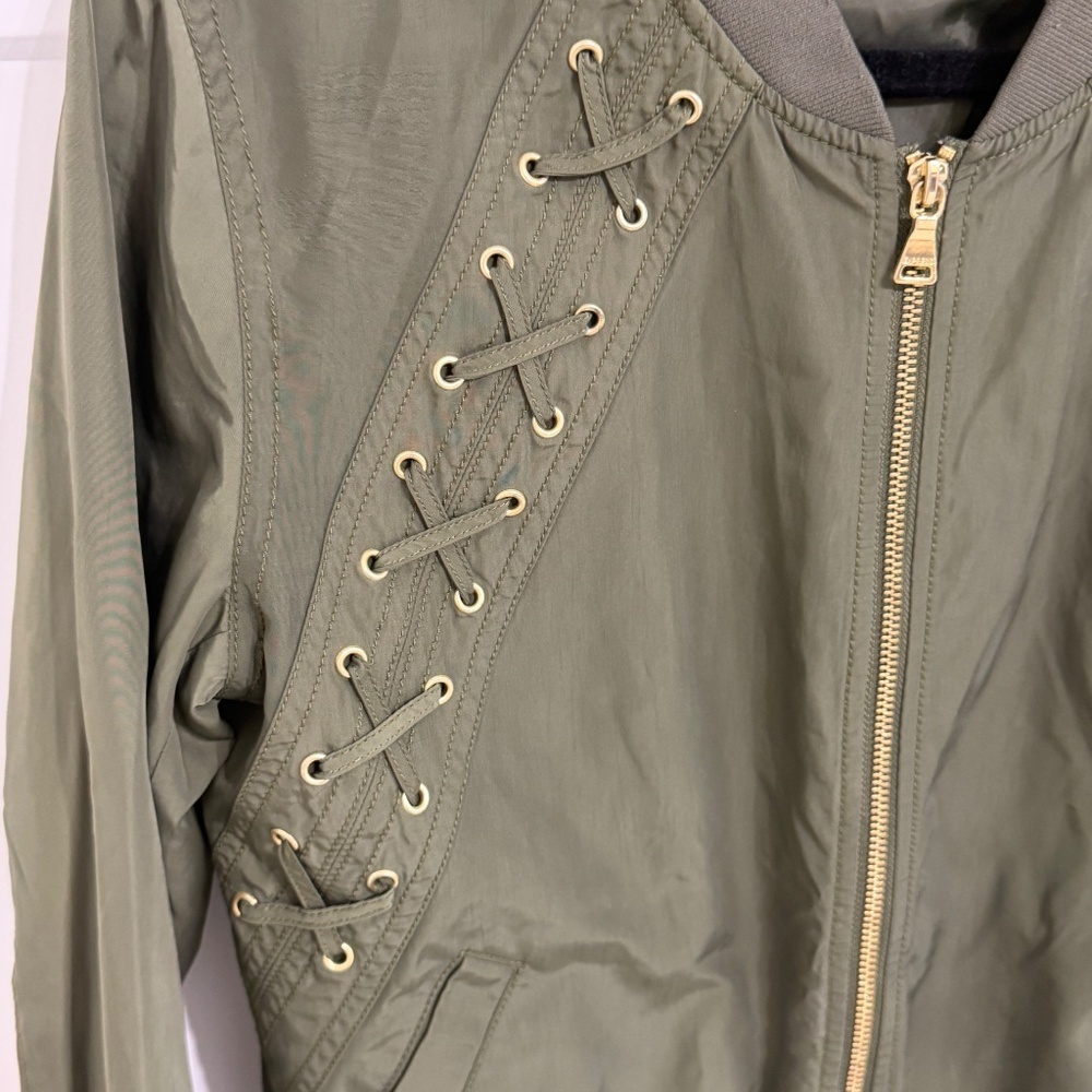 Express Olive Green Lace Up Bomber Jacket Size Small Utility Chic - Picture 5 of 8